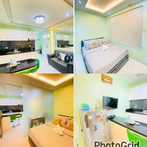 a collage of four pictures of a hotel room at Malate Bayview Mansion Seaview and City View in Manila