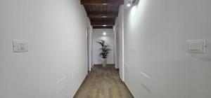 um corredor com paredes brancas e um vaso de plantas em Borgo Caridà - Green Family Holidays em Zaccanopoli