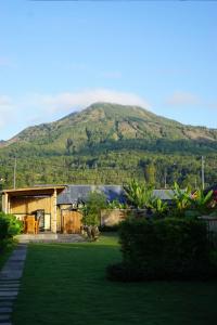 a house with a mountain in the background at Tegal Bamboo cottages & private hot spring in Baturaja