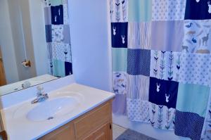 a bathroom with a sink and a shower curtain at The Lake House At Dale Hollow! in Alpine +32 photos