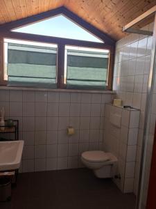 a bathroom with a toilet and a sink and a window at Mountain View Apartment in Innsbruck