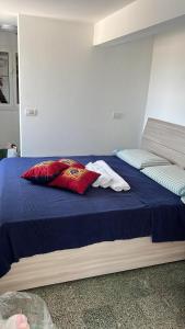 a bed with a blue blanket and a red pillow at Appartamento con ampio Terrazzo in Rome