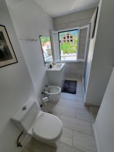 a bathroom with a toilet and a sink and two windows at Pousada da Vila in Vila Franca do Campo
