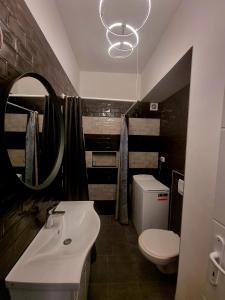 een badkamer met een wastafel, een toilet en een spiegel bij Bass Apartment in Pula