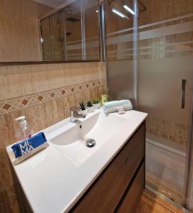 a bathroom with a white sink and a shower at Piso "Al Norte" Luanco Terraza Parking WI-FI in Luanco