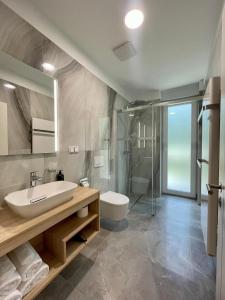 uma casa de banho com um lavatório, um chuveiro e um WC. em Hotel am Waldkasino em Erfurt