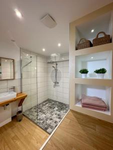 een badkamer met een douche en een wastafel bij Charmant et chaleureux gîte dans le vignoble in Sigolsheim