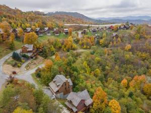 an aerial view of a house in a forest at Firefly Cabin! Hot Tub, Sauna, near Ski Resort in Swiss