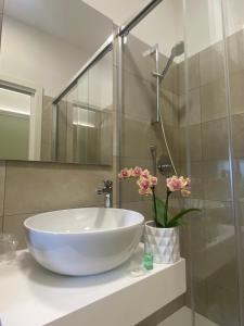 uma casa de banho com um lavatório branco e um chuveiro em Hotel Aquila em Castelfranco Emilia