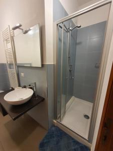 La salle de bains est pourvue d'un lavabo et d'une douche en verre. dans l'établissement NEL BLU, à Porto SantʼElpidio