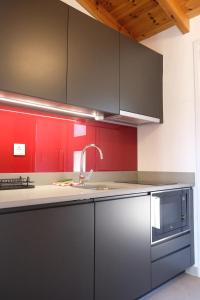 eine Küche mit Küchengeräten aus Edelstahl und roten Wänden in der Unterkunft Aeon Retreat in Rovies