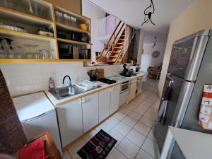 una pequeña cocina con fregadero y nevera. en Le Céleste en Châtel-Guyon