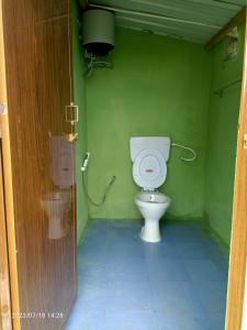 a bathroom with a toilet in a green room at Croods farm house in Kodaikānāl