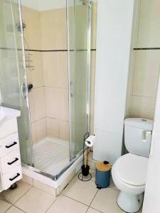La salle de bains est pourvue d'une douche et de toilettes. dans l'établissement Studio Bod’Lanmè - Trois îlets, à Les Trois-Îlets