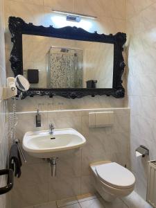 een badkamer met een wastafel, een toilet en een spiegel bij Bärliner Hotel in Erfurt
