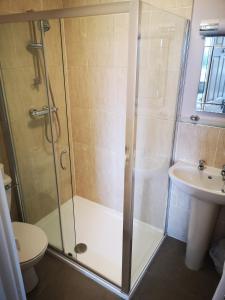 a bathroom with a shower and a toilet and a sink at Anglesey Hotel in Gosport