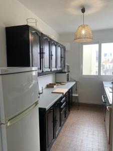 eine Küche mit schwarzen Schränken und einem weißen Kühlschrank in der Unterkunft Arcadia appart face mer 7 pers in Le Touquet-Paris-Plage