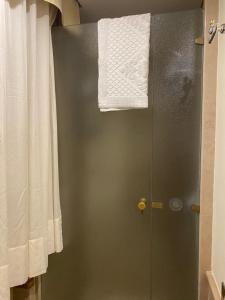 um chuveiro com uma porta de vidro e uma toalha em Appartamento con veranda Via Castel del Monte em Andria