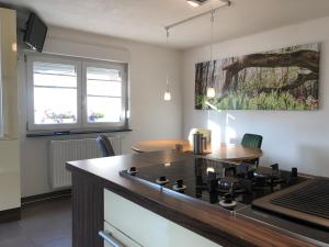 uma cozinha com uma placa de fogão num quarto em Waldmomente em Schauren