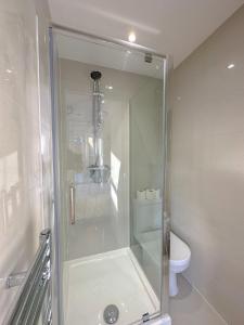 a glass shower in a bathroom with a toilet at Chancery Lane Residenses in London