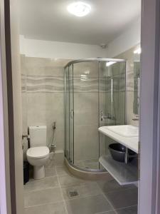 a bathroom with a shower and a toilet and a sink at Arian Apartments in Argostoli