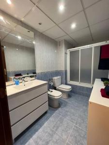 a bathroom with a toilet and a sink and a mirror at Precioso piso con piscina a 10 min de la playa andando in Roquetas de Mar