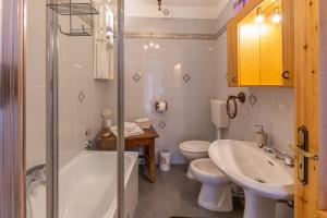 a bathroom with a toilet and a tub and a sink at Suite Bertines Panoramica - Borgata di montagna in Casteldelfino +19 photos