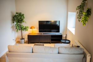 un soggiorno con divano bianco e TV a schermo piatto di Deluxe 3 Bedroom Serviced Apartment 73m2 a Rotterdam