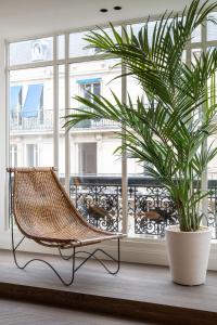 una silla de ratán frente a una ventana con una planta en The very central location allows you to go everywhere in Paris in 30 minutes en París