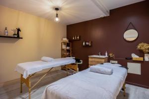 uma sala de terapia com duas camas e um espelho em Hôtel et SPA du Château em Lagord