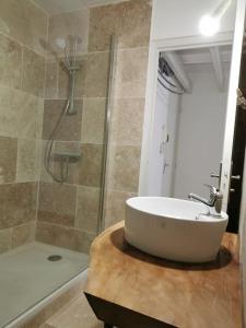uma casa de banho com um lavatório e um chuveiro em Nid douillet à quelques pas de la gare. em Carcassonne