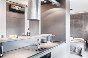 cocina con fregadero y encimera en Domaniewska Qbik Lofts, en Varsovia