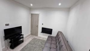 a living room with a couch and a flat screen tv at Skyview Strathnairn Apartment 1 in Cardiff