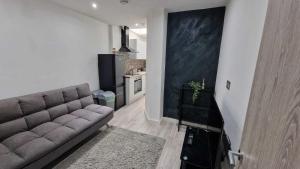 a living room with a couch and a kitchen at Skyview Strathnairn Apartment 1 in Cardiff