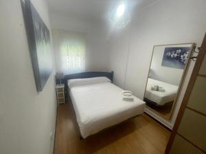 een kleine slaapkamer met een bed en een spiegel bij Bajo al lado del Ayuntamiento in Santander
