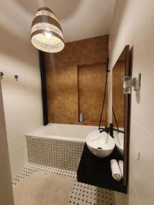 a bathroom with a sink and a bath tub and a sink at Spacious and quiet 1BR apartment in Floreasca in Bucharest