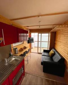 a kitchen and living room with a couch in a tiny house at Lake View Lodge Pod in Chichester