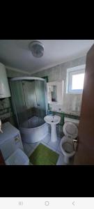 uma casa de banho com 2 WC, um chuveiro e um lavatório. em Wolf Apartment em Žabljak