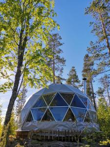a dome tent in the middle of trees at Hidden Island Laukanharju Glamping in Savonlinna