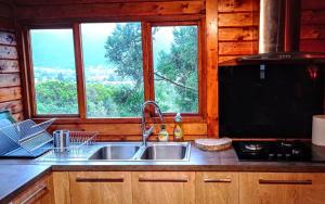 eine Küche mit einem Waschbecken und einem großen Fenster in der Unterkunft Chalet TanZanTan in La Plaine des Palmistes