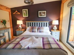 1 dormitorio con 1 cama con 2 mesitas de noche y 2 lámparas en Daffodil en Welshpool