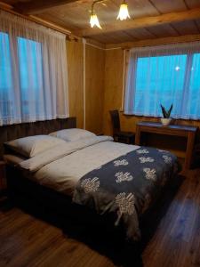 ein Schlafzimmer mit einem großen Bett in einem Zimmer mit Fenstern in der Unterkunft Dom Tatrzański Widok in Bustryk