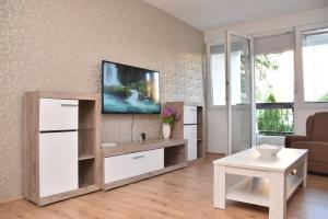 a living room with a tv on a wall at Esperanto in Vranje