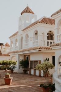 阿爾加羅沃科斯塔的住宿－Vimar Algarrobo Costa，前面有盆栽植物的大白色建筑
