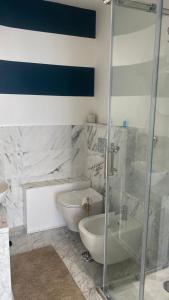 y baño con ducha, aseo y lavamanos. en Stupenda camera vista mare con finiture di lusso en Marina di Carrara