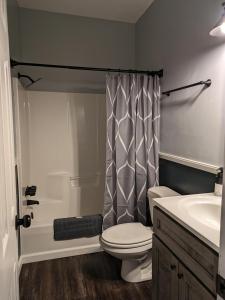 a bathroom with a toilet and a shower curtain at The Elizabeth in Columbia