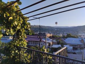 a view from a balcony with a hot air balloon in the distance at Tiflisi Hostel in Tbilisi City
