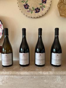 three bottles of wine sitting on a shelf at Villa Arzilla Sardegna in Alghero