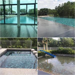 uma colagem de três fotos de uma piscina em Ariana Roomstay @ skyloft em Johor Bahru