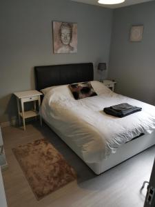 a bedroom with a bed with a dog laying on it at Lewis Square Town House in Belfast